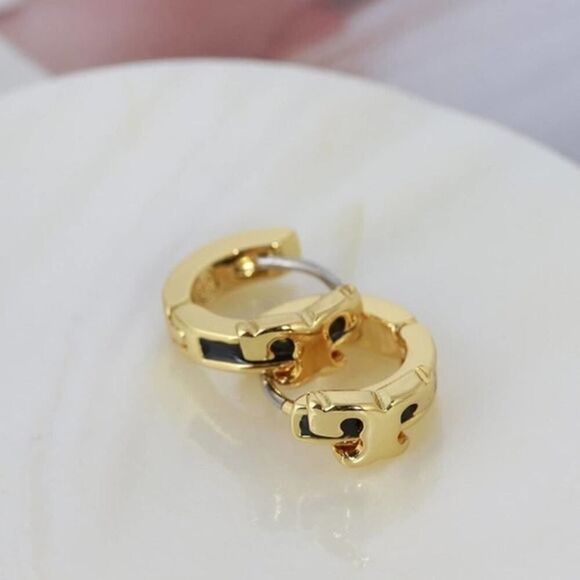 NWOT Tory Burch Gold, Black Small Sheriff T Huggie Hoop Earring’s - Picture 3 of 7